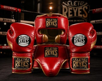 Conjunto de boxeo de cuero genuino hecho a mano: guantes de boxeo profesionales, protector de cabeza y protector inguinal.