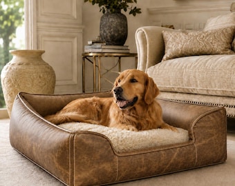 Luxury Brown Leather Dog Bed Handmade Orthopedic Pet Sofa Washable Cushion Vintage Pet Furniture Cozy Puppy Bed Gift for Dog Lover