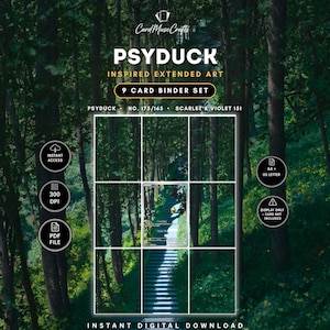 Puede incluir: Un set de 9 cartas para archivador con arte extendido inspirado en Psyduck. El texto incluye CardMuseCrafts, PSYDUCK, 9 CARD BINDER SET, NO. 175/165, SCARLET & VIOLET 151, INSTANT ACCESS, 300 DPI, PDF FILE, A4 + US LETTER y DISPLAY ONLY.