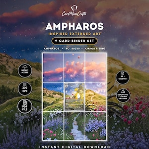 May include: A 9-card binder set digital download featuring Ampharos inspired extended art. The graphic displays a landscape with a yellow creature, a stone path, and colorful flowers under a sunset sky. Text includes CardMuseCrafts, AMPHAROS, 9 CARD BINDER SET, NO. 90/80, CHAOS RISING, INSTANT ACCESS, 300 DPI, PDF FILE, A4 + US LETTER, and DISPLAY ONLY - CARD NOT INCLUDED.