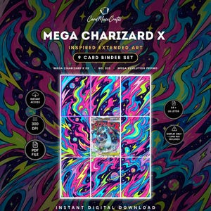 Mega Charizard X ex 23 Inspirerad Utökad Konst | 9-ficks Pärmsida | Utskrivbar Samlarkortsinsats | Pokémon TCG Avdelare | Samlarpresent