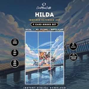 Op de afbeelding: Een 9-kaarten binder set met uitgebreide kunst van Hilda op een brug boven water. De afbeelding bevat tekst met CardMuseCrafts, HILDA, INSPIRED EXTENDED ART, 9 CARD BINDER SET, HILDA, NO. 171/086, WHITE FLARE, INSTANT ACCESS, 300 DPI, PDF FILE, A4 + US LETTER, en DISPLAY ONLY - CARD NOT INCLUDED.