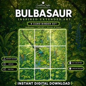 Peut inclure: Un ensemble de 9 cartes à relier en téléchargement numérique avec un art étendu inspiré de Bulbizarre. L'ensemble comprend une carte centrale Bulbizarre entourée de huit panneaux forestiers. Texte : CardMuseCrafts, BULBASAUR, 166/165, Scarlet & Violet, 300 DPI, PDF FILE, A4 + US LETTER.