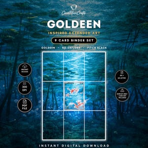 Peut inclure: Un ensemble de 9 cartes pour classeur avec une illustration étendue inspirée de Goldeen. Le design inclut le texte CardMuseCrafts, Goldeen, No.087/084, Pitch Black, Instant Access, 300 DPI, PDF File, A4 + US Letter, et Display Only - Card Not Included.