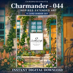 Peut inclure: Un ensemble de 9 cartes à relier en téléchargement numérique intitulé Charmander - 044 Inspired Extended Art. L'image présente une grille de neuf panneaux montrant l'extérieur d'une maison en briques avec des fenêtres bleu sarcelle.