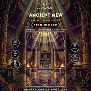 Könnte beinhalten: Ein 9-Karten-Binder-Set mit erweiterter Kunst, inspiriert von Ancient Mew. Das Bild zeigt ein steinernes Tempelinnere mit leuchtenden Runen, Säulen und einer zentralen Kreatur. Der Text umfasst ANCIENT MEW, 9 CARD BINDER SET und INSTANT DIGITAL DOWNLOAD. Symbole zeigen sofortigen Zugriff, 300 DPI, PDF-Datei, A4- und US-Letter-Formate.