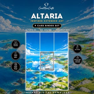 Könnte beinhalten: Ein 9-Karten-Ordner-Set mit von Altaria inspirierter erweiterter Kunst. Die Grafik zeigt eine Küstenlandschaft mit blauem Wasser, grünen Inseln und einem bewölkten Himmel. Der Text umfasst CardMuseCrafts, ALTARIA, 9 CARD BINDER SET, ALTARIA EX, NO. 253/182, PARADOX RIFT, INSTANT ACCESS, 300 DPI, PDF FILE, A4 + US LETTER, DISPLAY ONLY - CARD NOT INCLUDED und INSTANT DIGITAL DOWNLOAD.