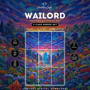Può includere: Un set di 9 carte per raccoglitore con arte estesa di un paesaggio forestale colorato sotto un cielo stellato. Il testo recita CardMuseCrafts, WAILORD, INSPIRED EXTENDED ART, 9 CARD BINDER SET, WAILORD, NO. 162/159, JOURNEY TOGETHER.