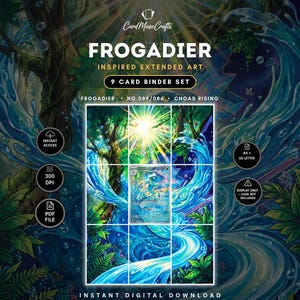 May include: A digital 9-card binder set titled FROGADIER INSPIRED EXTENDED ART, featuring a central Frogadier card surrounded by an extended forest and water illustration. Includes icons for instant access, 300 DPI, PDF file, A4 and US letter size.