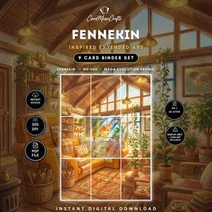 May include: A digital 9-card binder set featuring Fennekin inspired extended art. The image displays a cozy room interior with a yellow sofa, plants, and wooden furniture. Text includes CardMuseCrafts, FENNEKIN, 9 CARD BINDER SET, and NO.080.
