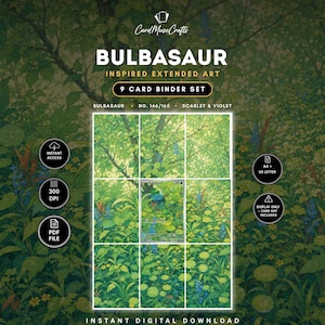 Op de afbeelding: Een 9-kaarten binder set met uitgebreide kunst geïnspireerd op Bulbasaur. De afbeelding toont een raster van negen panelen die een weelderig groen boslandschap vormen met gele en blauwe bloemen. Tekst bevat CardMuseCrafts, BULBASAUR en 9 CARD BINDER SET.