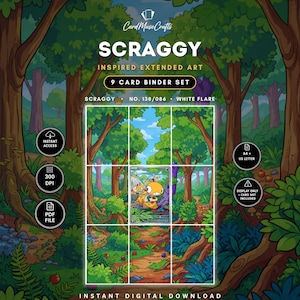 Può includere: Un set di 9 carte per raccoglitore con arte estesa ispirata a Scraggy. La visualizzazione digitale mostra una scena boschiva con una carta centrale del personaggio Scraggy, etichettata No. 138/086 White Flare. Include icone per accesso immediato.