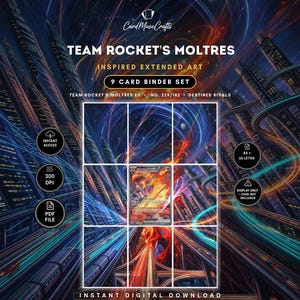 Op de afbeelding: Een 9-kaarten binder set met uitgebreide kunst geïnspireerd op Team Rocket's Moltres. Het ontwerp toont een centrale ruilkaart omringd door een futuristisch stadslandschap met lichtsporen. Bevat tekst: Team Rocket's Moltres, 9 Card Binder Set.