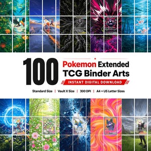 Peut inclure: Une collection de 100 illustrations de classeurs Pokemon Extended TCG présentant divers dessins numériques, incluant feuillages tropicaux, paysages enneigés, motifs abstraits et scènes de personnages, avec le texte 100 Pokemon Extended TCG Binder Arts.