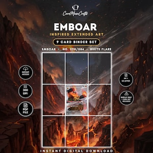 Pode incluir: Um conjunto de 9 cartas para fichário com arte estendida inspirada em Emboar. O gráfico mostra uma paisagem vulcânica com fluxos de lava, texto com Emboar, 9 Card Binder Set, No. 098/086, White Flare, Instant Access, 300 DPI, PDF File, A4 + US Letter.