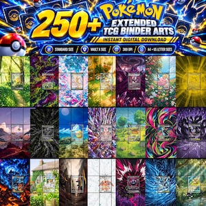Può includere: Una collezione digitale di oltre 250 illustrazioni estese per raccoglitori di carte Pokémon TCG con vari disegni colorati. La grafica include il testo 250+ POKEMON EXTENDED TCG BINDER ARTS INSTANT DIGITAL DOWNLOAD, STANDARD SIZE, VAULT X SIZE, 300 DPI, A4 + US LETTER SIZES.