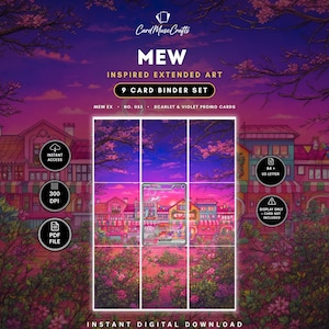 Pode incluir: Um conjunto de 9 cartões para fichário com arte estendida inspirada em Mew. O design mostra um pôr do sol vibrante sobre uma cidade com flores de cerejeira, com o texto MEW INSPIRED EXTENDED ART, 9 CARD BINDER SET, MEW EX, NO. 053, SCARLET & VIOLET PROMO CARDS, INSTANT ACCESS, 300 DPI, PDF FILE, A4 + US LETTER, e DISPLAY ONLY – CARD NOT INCLUDED.