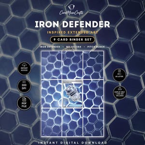 Può includere: Un set digitale di 9 carte per raccoglitore intitolato Iron Defender con un design artistico esteso e un motivo esagonale blu. Il layout include etichette di testo per accesso immediato, 300 DPI, file PDF, formato A4 e US letter, solo visualizzazione.