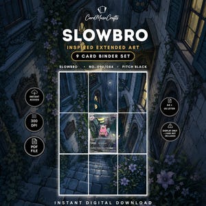 Pode incluir: Um conjunto de 9 cartas para arquivador com arte estendida inspirada em Slowbro. O design inclui o texto CardMuseCrafts, SLOWBRO, INSPIRED EXTENDED ART, 9 CARD BINDER SET, NO. 090/084, PITCH BLACK, INSTANT ACCESS, 300 DPI, PDF FILE, A4 + US LETTER.