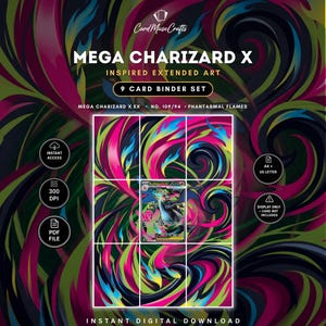Mega Charizard X ex 109/94 Inspirerad Utökad Konst | Phantasmal Flames 9-ficks Pärmsida | Pokémon Pärmdisplay