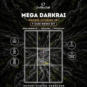 Può includere: Un set digitale di raccoglitori da 9 carte con arte estesa ispirata a Mega Darkrai. Il layout include una grafica centrale della carta su uno sfondo marmorizzato nero e verde con testo che include Mega Darkrai, 300 DPI, file PDF e A4.