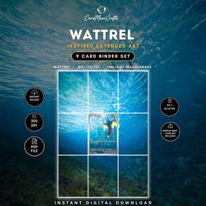 Könnte beinhalten: Ein 9-Karten-Binder-Set als digitaler Download mit von Wattrel inspirierter erweiterter Kunst. Das Bild zeigt ein Raster über einer Unterwasserszene mit Text wie CardMuseCrafts, Wattrel, No. 178/167, Twilight Masquerade, 300 DPI, PDF File, A4 + US Letter und Instant Digital Download.