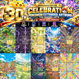 Puede incluir: Una colección digital de artes para carpetas TCG de Pokemon Celebration 30th Anniversary con varias escenas que incluyen a Pikachu, Mewtwo y Zapdos. El gráfico incluye texto como 30th Anniversary Edition Celebration.