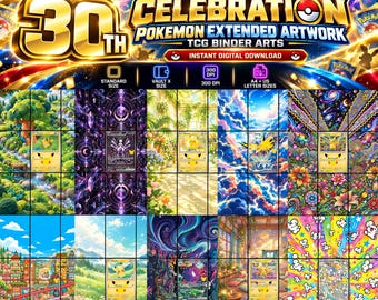 Può includere: Una collezione digitale di illustrazioni per raccoglitori TCG Pokemon Celebration 30th Anniversary con varie scene tra cui Pikachu, Mewtwo e Zapdos. La grafica include testo come 30th Anniversary Edition Celebration.