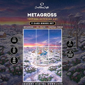 Könnte beinhalten: Ein 9-Karten-Binder-Set als digitaler Download mit von Metagross inspirierter erweiterter Kunst. Das Bild zeigt eine verschneite Landschaft mit Abendhimmel, eine zentrale Metagross-Karte und Text inklusive CardMuseCrafts, Metagross, No. 178/162, Temporal Forces.
