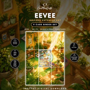 May include: A digital 9-card binder set featuring Eevee inspired extended art. The set includes Scarlet and Violet promo cards, no. 173. The design displays a sunlit room filled with various potted plants and greenery, presented as a printable PDF file.