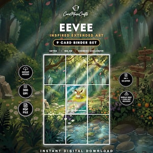 Könnte beinhalten: Ein digitales 9-Karten-Ordner-Set mit Evoli-inspirierter erweiterter Kunst. Das Design zeigt eine Waldszene mit einem Bach, Holzschildern und einer zentralen Evoli-Karte. Der Text umfasst CardMuseCrafts, EEVEE, 9 CARD BINDER SET, NO.115, CHINESE EXCLUSIVE, INSTANT ACCESS, 300 DPI, PDF FILE, A4 + US LETTER und DISPLAY ONLY – CARD NOT INCLUDED.