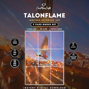Peut inclure: Un ensemble de 9 cartes à relier avec une illustration étendue inspirée de Talonflame. Le téléchargement numérique comprend une grille de neuf panneaux formant une image continue d'un oiseau survolant une ville au coucher du soleil. Texte : Talonflame, No. 91/88, Perfect Order.
