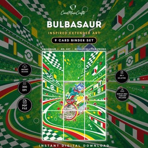 Pode incluir: Um conjunto de 9 cartas para arquivador com arte estendida inspirada em Bulbasaur. O fundo gráfico verde exibe um motivo de estádio com padrões xadrez e ícones circulares. O texto inclui CardMuseCrafts, BULBASAUR e 9 CARD BINDER SET.