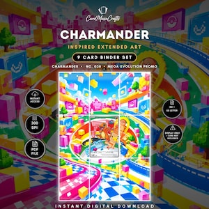 May include: A digital 9-card binder set featuring Charmander inspired extended art. The graphic displays a colourful, pixelated landscape with floating cubes, a checkered path, and the text Charmander, Inspired Extended Art, 9 Card Binder Set.