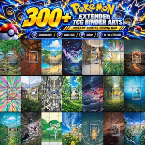 Può includere: Una collezione digitale di oltre 300 illustrazioni estese per raccoglitori di carte Pokémon TCG con vari paesaggi e personaggi. La grafica include il testo Pokémon Extended TCG Binder Arts, Instant Digital Download, 300 DPI e A4 + US Letter Sizes.