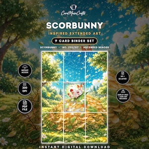 Könnte beinhalten: Ein 9-Karten-Binder-Set mit Scorbunny-inspirierter erweiterter Kunst. Die Grafik zeigt den Text CardMuseCrafts, SCORBUNNY, INSPIRED EXTENDED ART, 9 CARD BINDER SET, SCORBUNNY, NO. 225/217, ASCENDED HEROES, INSTANT ACCESS, 300 DPI, PDF FILE, A4 + US LETTER und DISPLAY ONLY - CARD NOT INCLUDED.