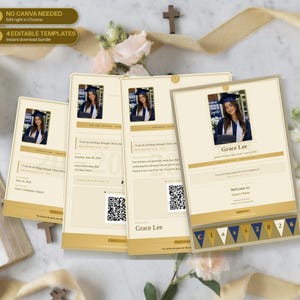 May include: Four graduation invitation templates in cream and gold with a photo of a graduate in a cap and gown. Each template features a QR code, text fields for event details, and a banner with the text CLASS 2026. The design includes religious quotes.