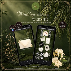 Könnte beinhalten: Eine digitale Hochzeits-Website-Vorlage auf zwei Smartphones vor einem dunkelgrünen Waldhintergrund mit floralen Akzenten. Der Bildschirm zeigt einen Einladungsumschlag und verschiedene Fotorahmen. Der Text umfasst Wedding Website, Forest Green und Canva Editable.
