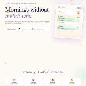 以下が含まれることがあります： LittleStarsアプリのプロモーション画像。子供の毎日のルーチンダッシュボードを備えたタブレットインターフェースを紹介しています。「Mornings without meltdowns」と「Instant Download」のテキスト。このアプリは4〜10歳の子供向けに設計されています。