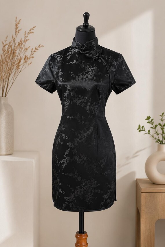 chinese style bodycon dress Black Satin Cheongsam | Mini Qipao | Elegant Floral Jacquard Dress Embroidered Black Tulle Dress/ Bridesmaid Dresses Lace TOP Finish:Nocello