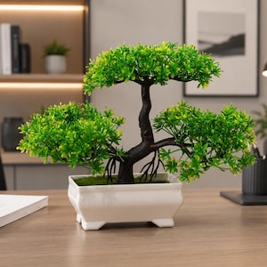 Peut inclure: Un bonsaï artificiel doté d'un tronc brun foncé aux racines apparentes et d'un feuillage vert vif. L'arbre est planté dans un pot rectangulaire en céramique blanche à quatre petits pieds, contenant une couche de mousse verte à la base du tronc.