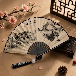 Tiger & Dragon Japanese Folding Fan – Traditional Asian Hand Fan with Ink Art, Bamboo Sensu Fan, Oriental Wall Decor, Samurai Inspired Gift