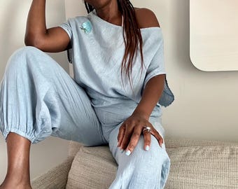Off the shoulder linen jogger set