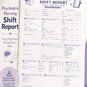 Op de afbeelding: Een wit klembord met een psychiatrisch verpleegkundig dienstverslagformulier met paarse accenten. Het document bevat secties voor veiligheid, mentale status, risicobeoordeling, medicatie en dagelijkse zorg, met iconen van een brein en klembord.
