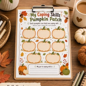 May include: A white paper worksheet titled My Coping Skills Pumpkin Patch on a brown clipboard. The sheet features illustrations of pumpkins with blank centers for writing, surrounded by autumn leaves, acorns, and a section for a go-to coping skill.