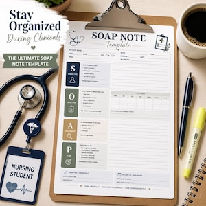 May include: A SOAP note template on a clipboard with a stethoscope, a nursing student ID badge, a black pen, and a yellow highlighter. The template includes sections for Subjective, Objective, Assessment, and Plan, with medical icons and text.
