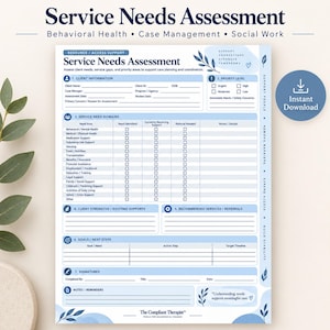 Puede incluir: Un formulario de evaluación de necesidades de servicio para salud conductual, gestión de casos y trabajo social. El documento incluye secciones para información del cliente, niveles de prioridad, áreas de servicio, fortalezas y metas.