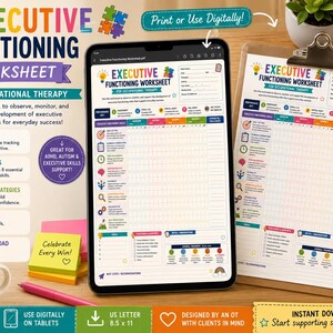 May include: An executive functioning worksheet for occupational therapy displayed on a tablet and a clipboard. The document features colorful icons, a grid for tracking skills, and sections for notes, goals, and progress, with text reading Executive Functioning Worksheet for Occupational Therapy.
