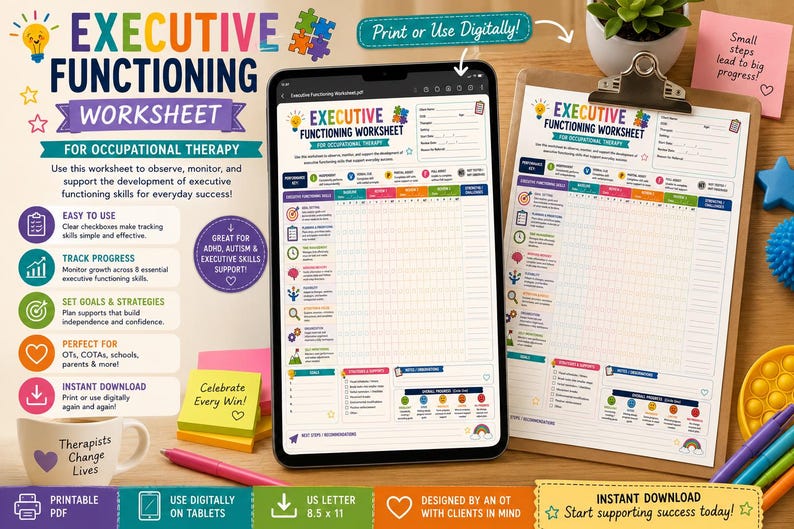 May include: An executive functioning worksheet for occupational therapy displayed on a tablet and a clipboard. The document features colorful icons, a grid for tracking skills, and sections for notes, goals, and progress, with text reading Executive Functioning Worksheet for Occupational Therapy.