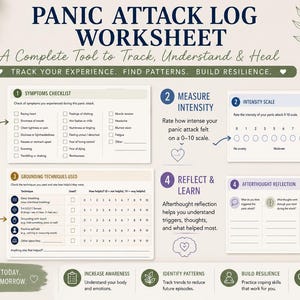 May include: A panic attack log worksheet featuring four distinct sections: a symptoms checklist, an intensity scale from 0 to 10, a grounding techniques tracker, and an afterthought reflection area, all printed on a white background with dark text.